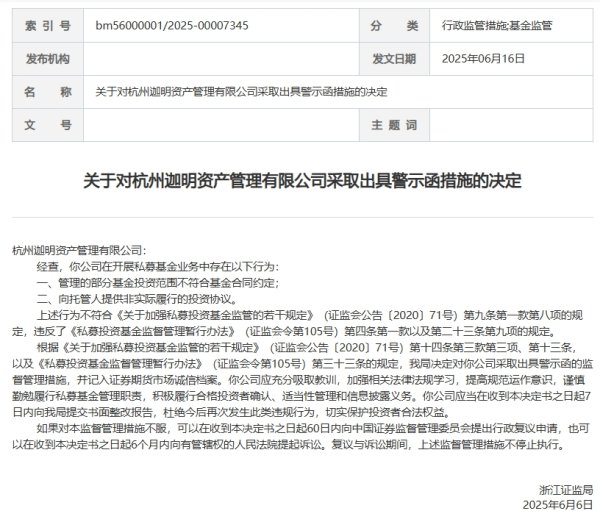 鑫优配 杭州迦明资产及时任总经理王伟收警示函